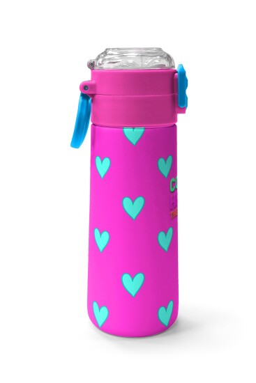 Coral High Kids Neon Pembe Su Yeşili Kalp Desenli Pipetli ve Direkt İçim Çelik Termos 500 ml 31906 - 2