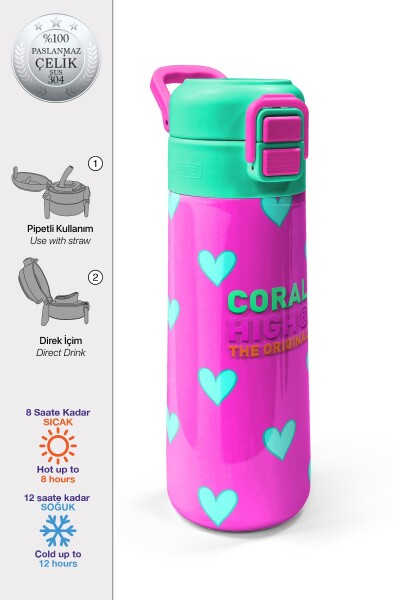 Coral High Kids Neon Pembe Su Yeşili Kalp Desenli Pipetli ve Direkt İçim Çelik Termos 500 ml 31906 - 1
