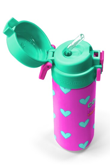 Coral High Kids Neon Pembe Su Yeşili Kalp Desenli Pipetli ve Direkt İçim Çelik Termos 500 ml 31906 - 2