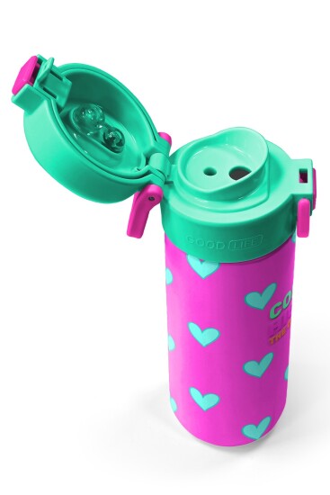 Coral High Kids Neon Pembe Su Yeşili Kalp Desenli Pipetli ve Direkt İçim Çelik Termos 500 ml 31906 - 3