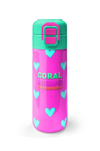 Coral High Kids Neon Pembe Su Yeşili Kalp Desenli Pipetli ve Direkt İçim Çelik Termos 500 ml 31906 - 4