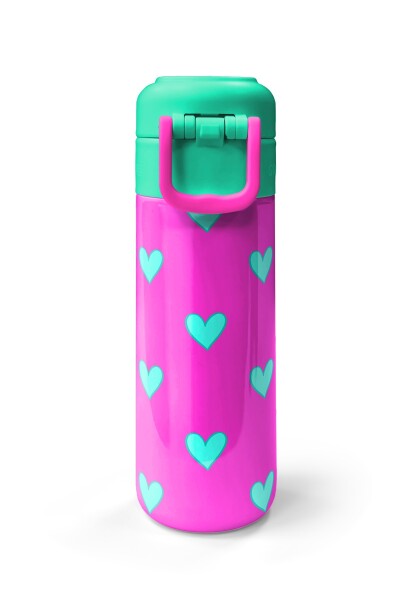 Coral High Kids Neon Pembe Su Yeşili Kalp Desenli Pipetli ve Direkt İçim Çelik Termos 500 ml 31906 - 7