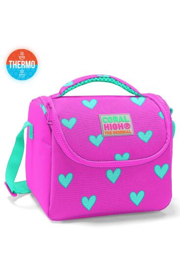 Coral High Kids Neon Pembe Su Yeşili Kalp Desenli Thermo Beslenme Çantası 11806 - 3