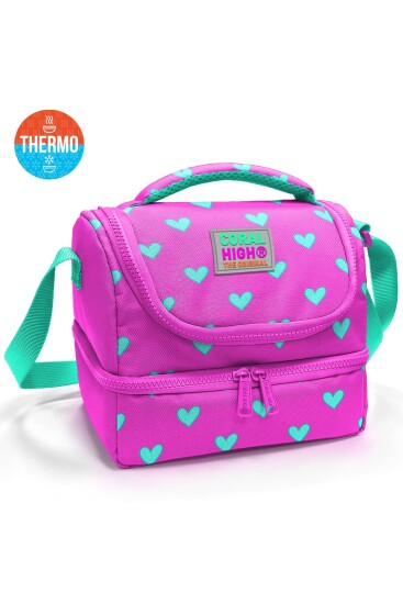 Coral High Kids Neon Pembe Su Yeşili Kalpj Desenli Thermo İki Katlı Beslenme Çantası 37212 - Coral High