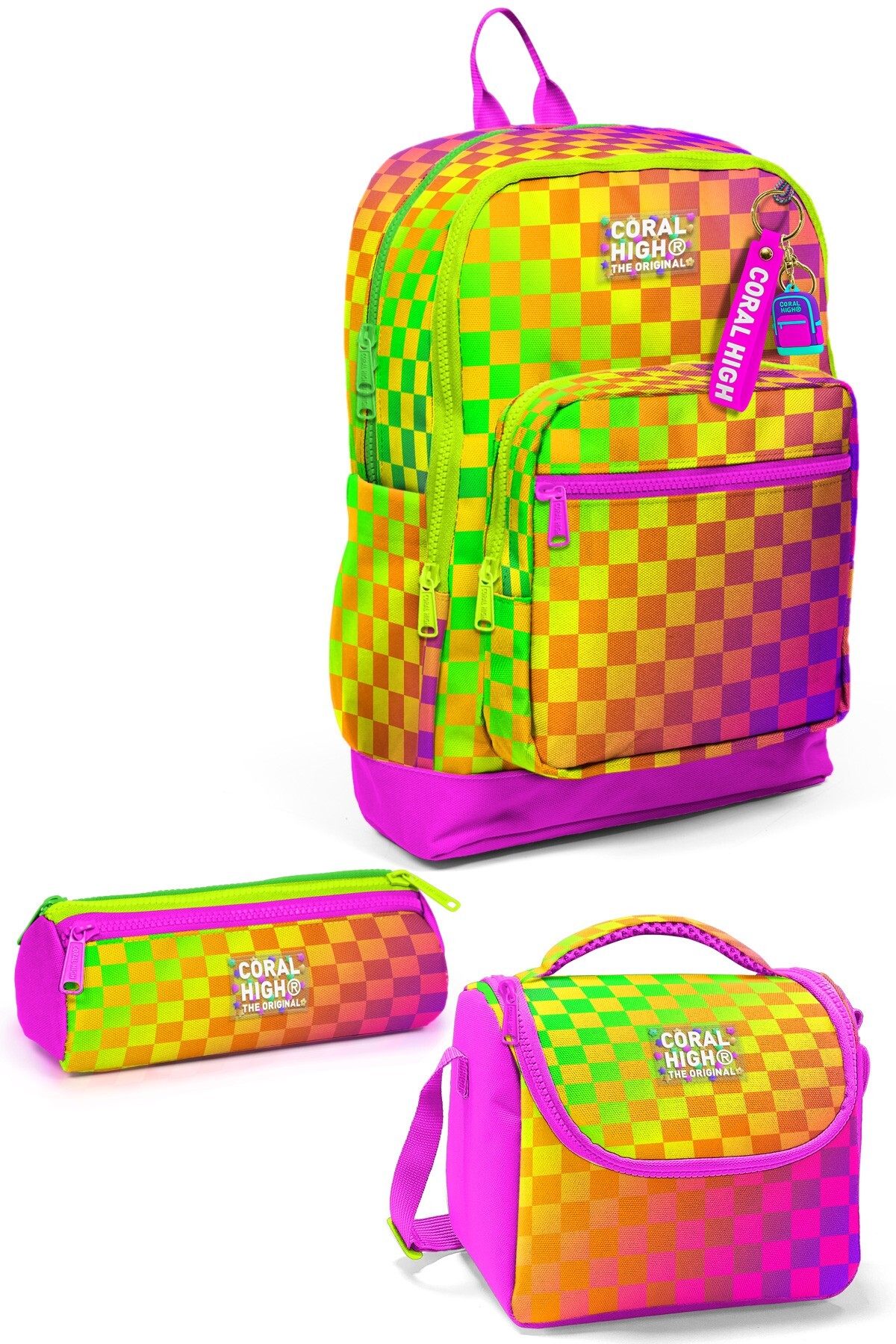 Coral High Kids Neon Renkli Dama Desenli 3’lü Okul Çanta Seti SET0133203