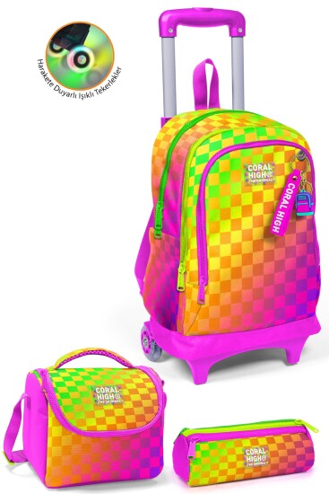 Coral High Kids Neon Renkli Dama Desenli Çekçekli 3'lü Çanta Seti SET0134003 - Coral High