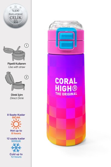 Coral High Kids Neon Renkli Dama Desenli Pipetli ve Direkt İçim Çelik Termos 500 ml 38103 - Coral High