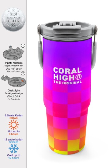 Coral High Kids Neon Renkli Dama Desenli Pipetli ve Direkt İçim Çelik Termos 900 ml 38729 - Coral High
