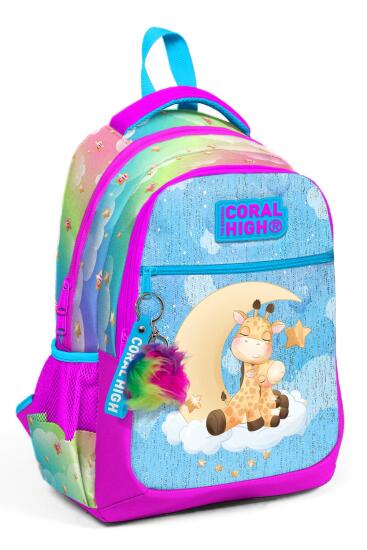 Coral High Kids Mavi Pembe Zürafa Desenli Üç Bölmeli Okul Sırt Çantası 23479 
