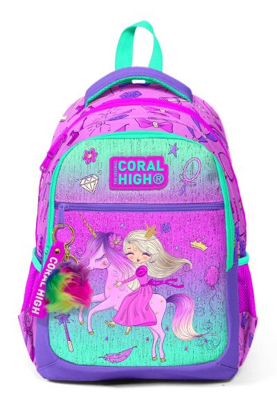 Coral High Kids Açık Pembe Mor Unicornlu Prenses Desenli Üç Bölmeli Okul Sırt Çantası 23481 - 7