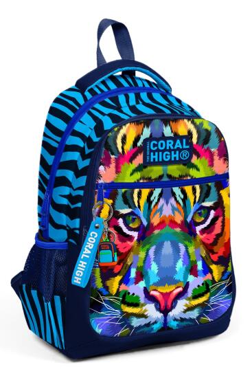 Coral High Kids Lacivert Mavi Kaplan Desenli Üç Bölmeli Okul Sırt Çantası 23483 - Coral High KIDS