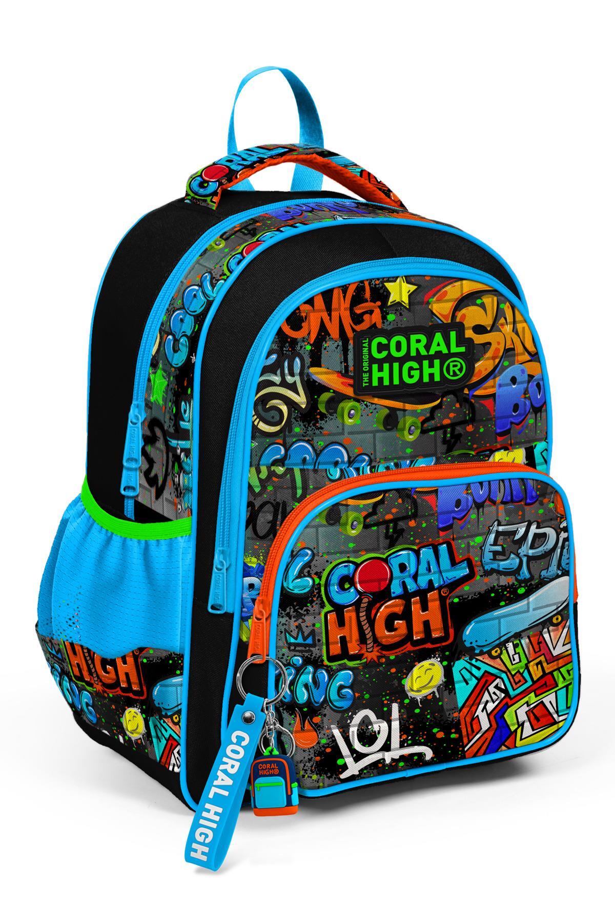 Coral High Kids Siyah Mavi Grafiti Desenli Üç Bölmeli Okul Sırt Çantası 14415