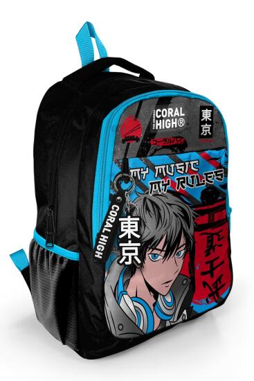 Coral High Kids Siyah Mavi Anime Desenli Üç Bölmeli Okul Sırt Çantası 23666 