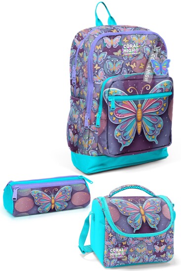 Coral High Kids Pastel Renkli Kelebek Desenli Desenli 3’lü Okul Çanta Seti SET0133206 