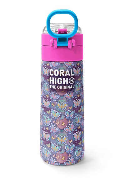 Coral High Kids Pastel Renkli Kelebek Desenli Pipetli ve Direkt İçim Çelik Termos 500 ml 38106 - 4