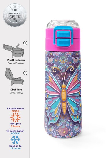 Coral High Kids Pastel Renkli Kelebek Desenli Pipetli ve Direkt İçim Çelik Termos 500 ml 38106 