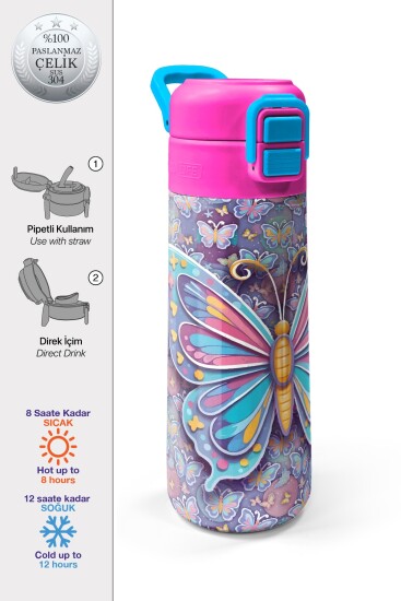 Coral High Kids Pastel Renkli Kelebek Desenli Pipetli ve Direkt İçim Çelik Termos 500 ml 38106 