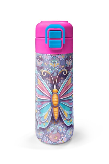 Coral High Kids Pastel Renkli Kelebek Desenli Pipetli ve Direkt İçim Çelik Termos 500 ml 38106 - 4