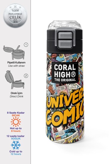 Coral High Kids Pembe Çizgi Roman Desenli Pipetli ve Direkt İçim Çelik Termos 500 ml 38115 - 1