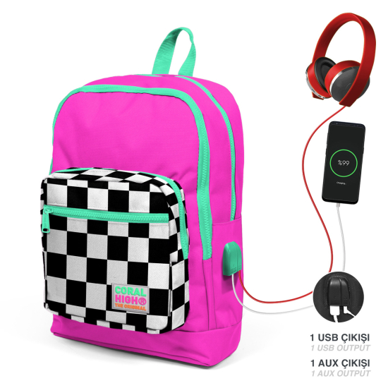Coral High Kids Neon Pembe Dama Desenli Dört Bölmeli USB'li Okul Sırt Çantası 23801 