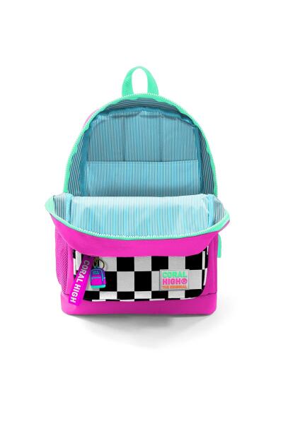 Coral High Kids Neon Pembe Dama Desenli Dört Bölmeli USB'li Okul Sırt Çantası 23801 - 4