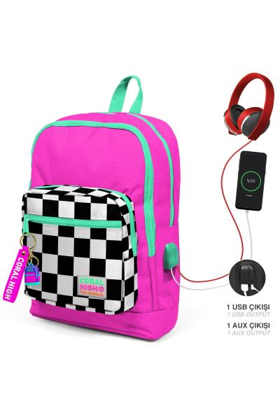 Coral High Kids Neon Pembe Dama Desenli Dört Bölmeli USB'li Okul Sırt Çantası 23801 - 1