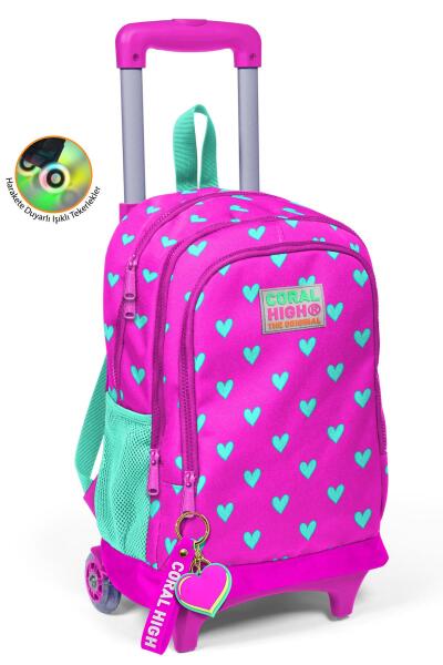 Coral High Kids Neon Pembe Su Yeşili Kalp Desenli Üç Bölmeli Çekçekli Okul Sırt Çantası 23133 - 1
