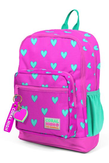 Coral High Kids Neon Pembe Su Yeşili Kalp Desenli Dört Bölmeli Okul Sırt Çantası 23113 - 8