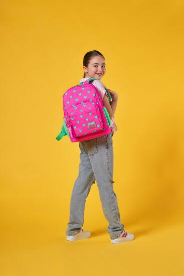 Coral High Kids Neon Pembe Su Yeşili Kalp Desenli Dört Bölmeli Okul Sırt Çantası 23113 - 2