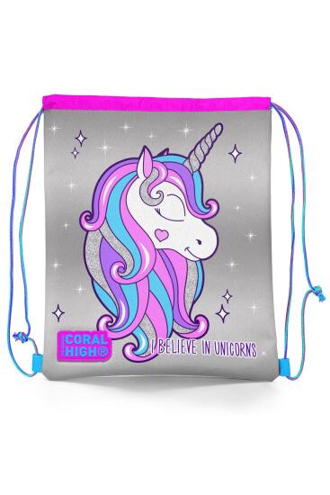 Coral High Kids Pembe Gümüş Simli Unicorn Desenli İpli Büzgülü Sırt Çantası 22482 