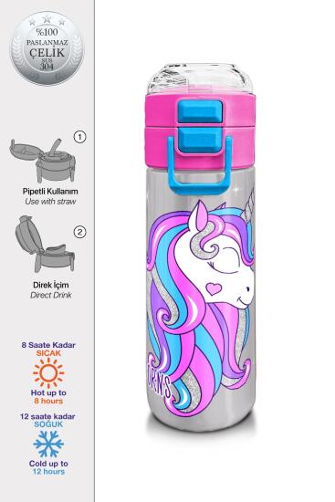 Coral High Kids Pembe Gümüş Unicorn Desenli Pipetli ve Direkt İçim Çelik Termos 500 ml 31821 - Coral High KIDS