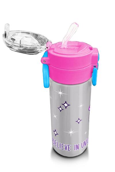 Coral High Kids Pembe Gümüş Unicorn Desenli Pipetli ve Direkt İçim Çelik Termos 500 ml 31821 - 5
