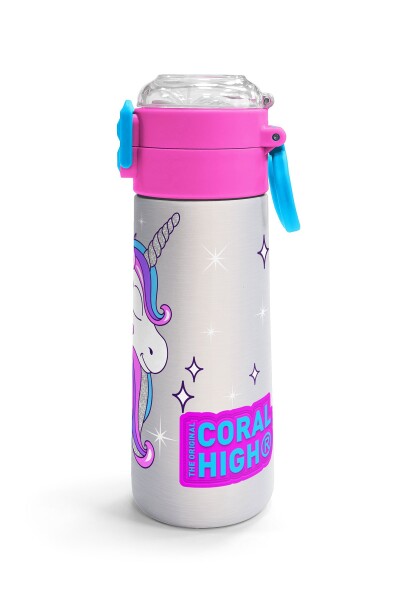 Coral High Kids Pembe Gümüş Unicorn Desenli Pipetli ve Direkt İçim Çelik Termos 500 ml 31821 - 3