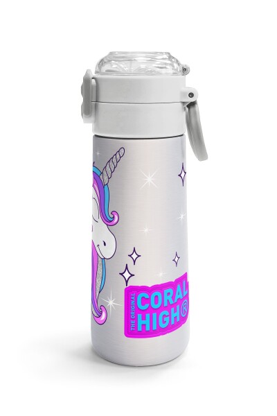 Coral High Kids Pembe Gümüş Unicorn Desenli Pipetli ve Direkt İçim Çelik Termos 500 ml 31821 - 3