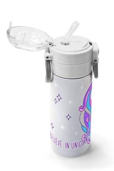 Coral High Kids Pembe Gümüş Unicorn Desenli Pipetli ve Direkt İçim Çelik Termos 500 ml 31821 - 5