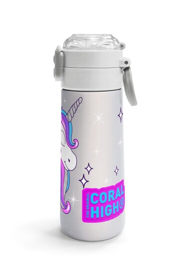 Coral High Kids Pembe Gümüş Unicorn Desenli Pipetli ve Direkt İçim Çelik Termos 500 ml 31821 - 3