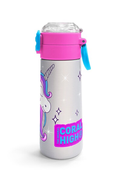Coral High Kids Pembe Gümüş Unicorn Desenli Pipetli ve Direkt İçim Çelik Termos 500 ml 31821 - 3