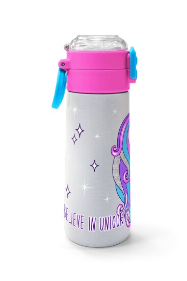 Coral High Kids Pembe Gümüş Unicorn Desenli Pipetli ve Direkt İçim Çelik Termos 500 ml 31821 - 2