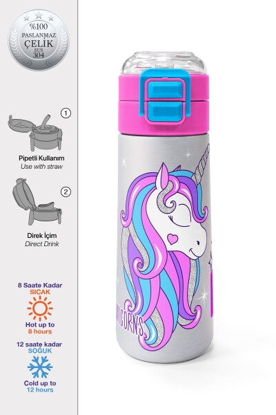 Coral High Kids Pembe Gümüş Unicorn Desenli Pipetli ve Direkt İçim Çelik Termos 500 ml 31821 - 1