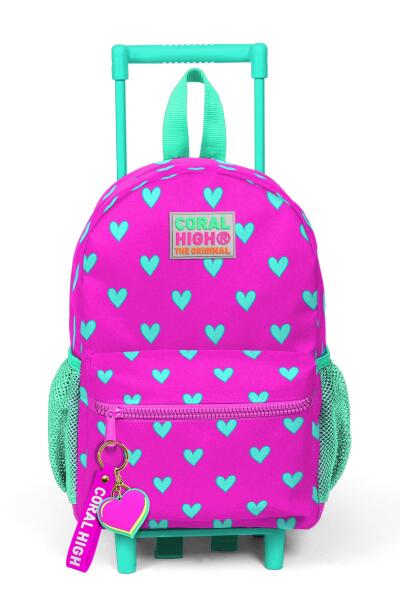 Minik Yuva Çekçekli Sırt Çantası Neon Pembe Su Yeşili Kalp Desenli İki Bölmeli 24005 - 3