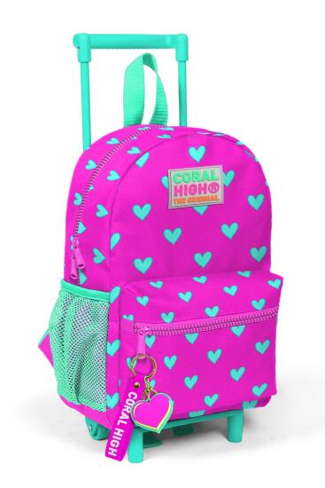 Minik Yuva Çekçekli Sırt Çantası Neon Pembe Su Yeşili Kalp Desenli İki Bölmeli 24005 - Coral High KIDS