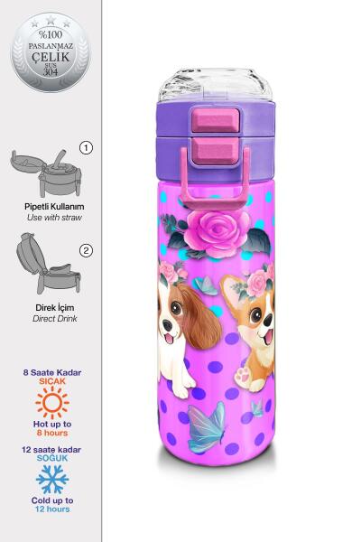 Coral High Kids Pembe Köpek Desenli Pipetli ve Direkt İçim Çelik Termos 500 ml 31951 - 1