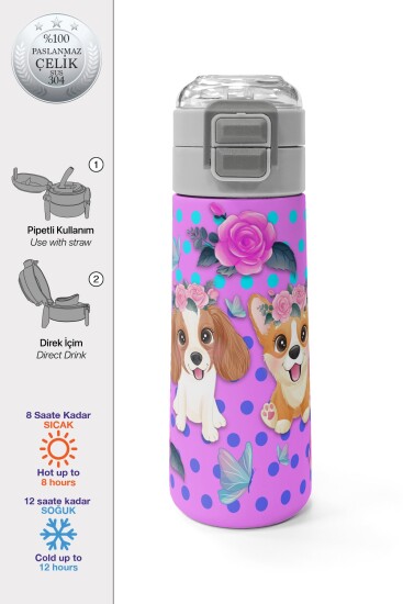 Coral High Kids Pembe Köpek Desenli Pipetli ve Direkt İçim Çelik Termos 500 ml 31951 - Coral High KIDS