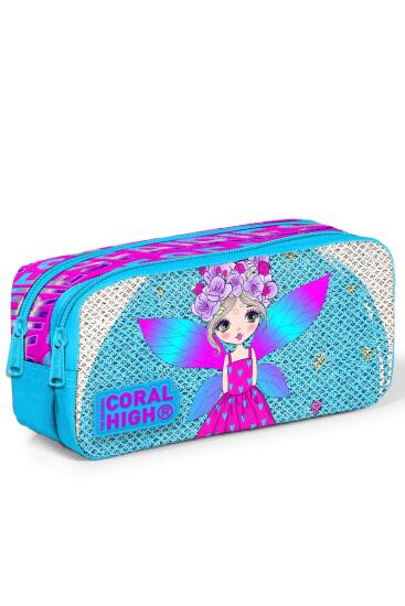 Coral High Kids Pembe Mavi Peri Desenli Simli İki Bölmeli Kalem Çantası 22399 - 2