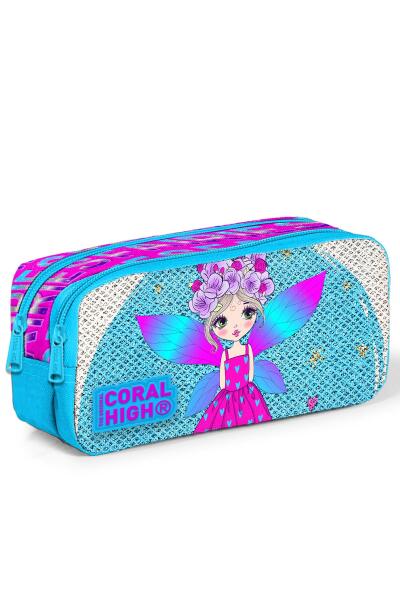 Coral High Kids Pembe Mavi Peri Desenli Simli İki Bölmeli Kalem Çantası 22399 - 2