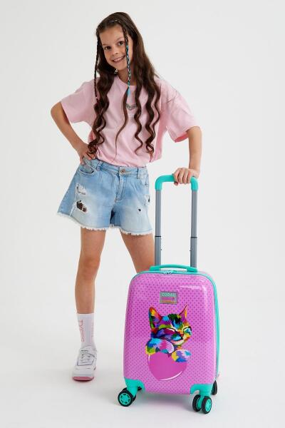 Coral High Kids Pembe Su Yeşili Kedi Desenli Çocuk Valizi 16730 - 2