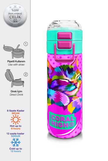 Coral High Kids Pembe Mavi Kedi Desenli Pipetli ve Direkt İçim Çelik Termos 500 ml 31842 - Coral High KIDS