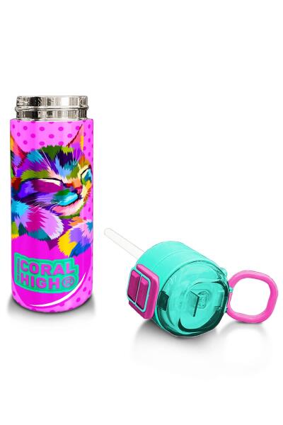 Coral High Kids Pembe Mavi Kedi Desenli Pipetli ve Direkt İçim Çelik Termos 500 ml 31842 - 4