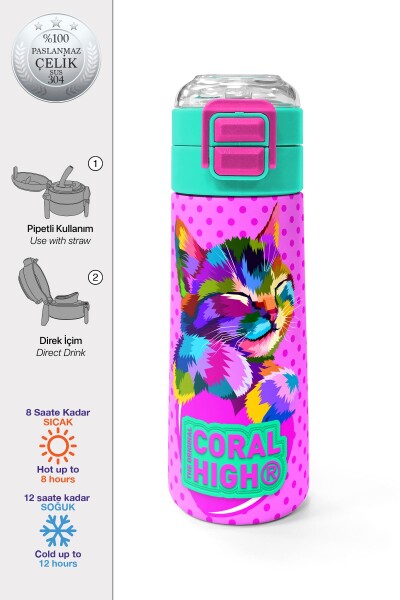 Coral High Kids Pembe Mavi Kedi Desenli Pipetli ve Direkt İçim Çelik Termos 500 ml 31842 - 1