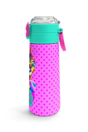 Coral High Kids Pembe Mavi Kedi Desenli Pipetli ve Direkt İçim Çelik Termos 500 ml 31842 - 3